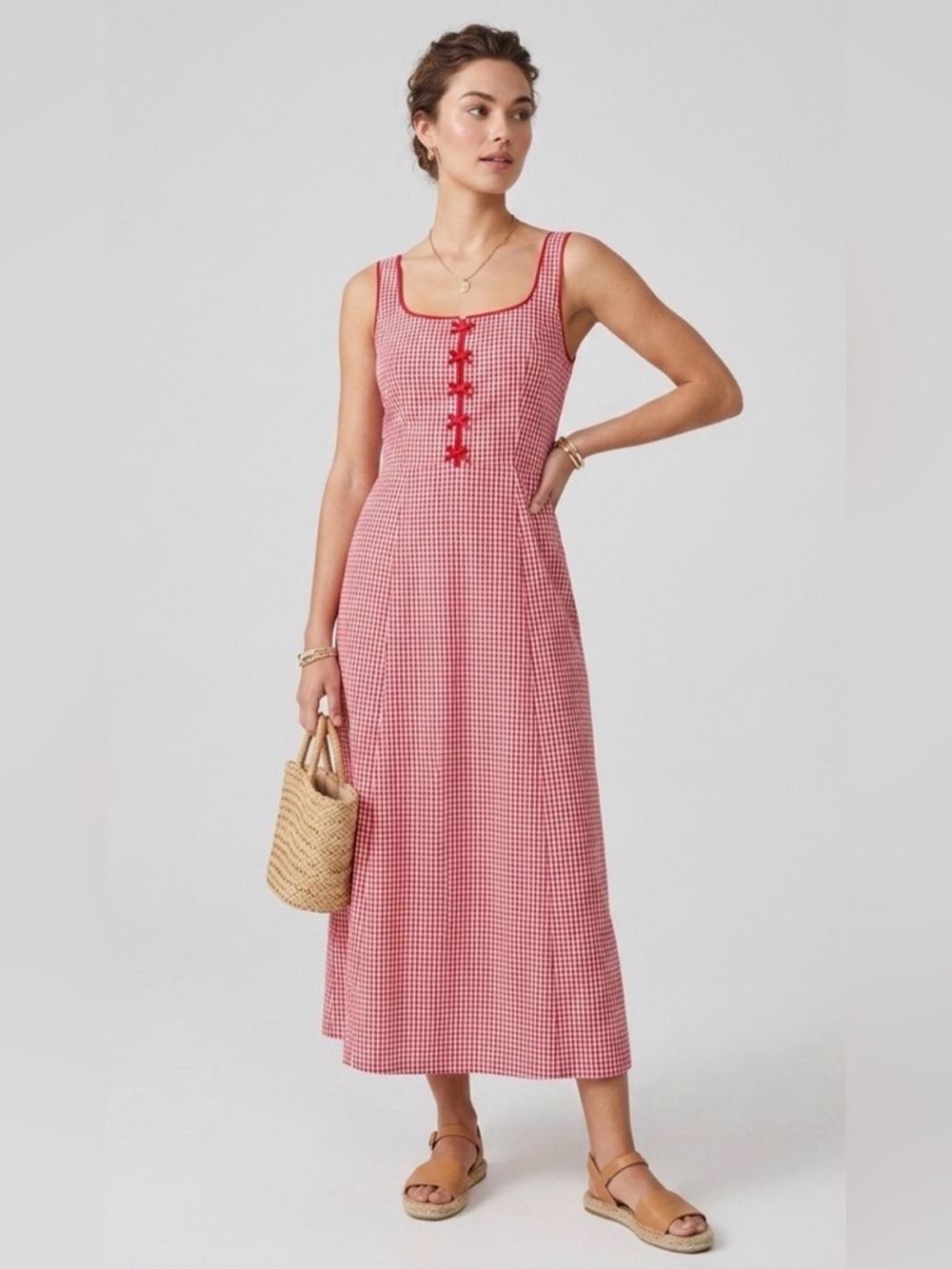 Rachel Zoe Red & White Gingham Midi Dress - Size 6